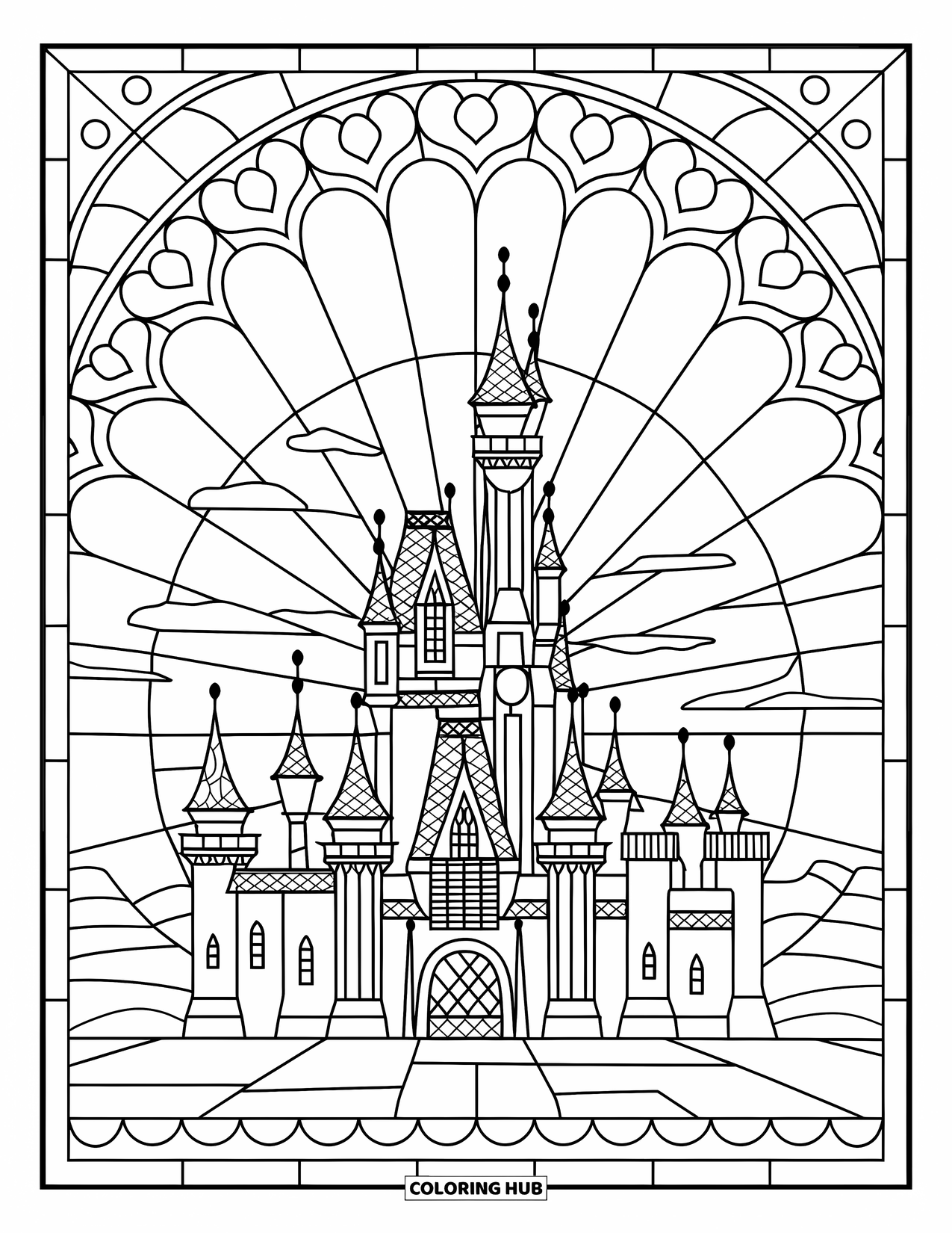 Desenho de Vitral para Colorir para Crianças: Castelo de vitral intrincado com torres e nuvens segmentadas