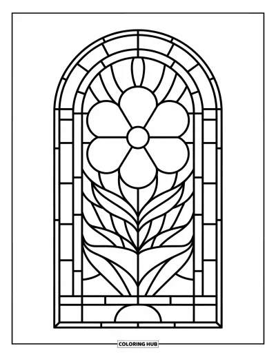 Stained Glass Coloring Page for Kids: Intricate stained glass flower in a geometric arched design