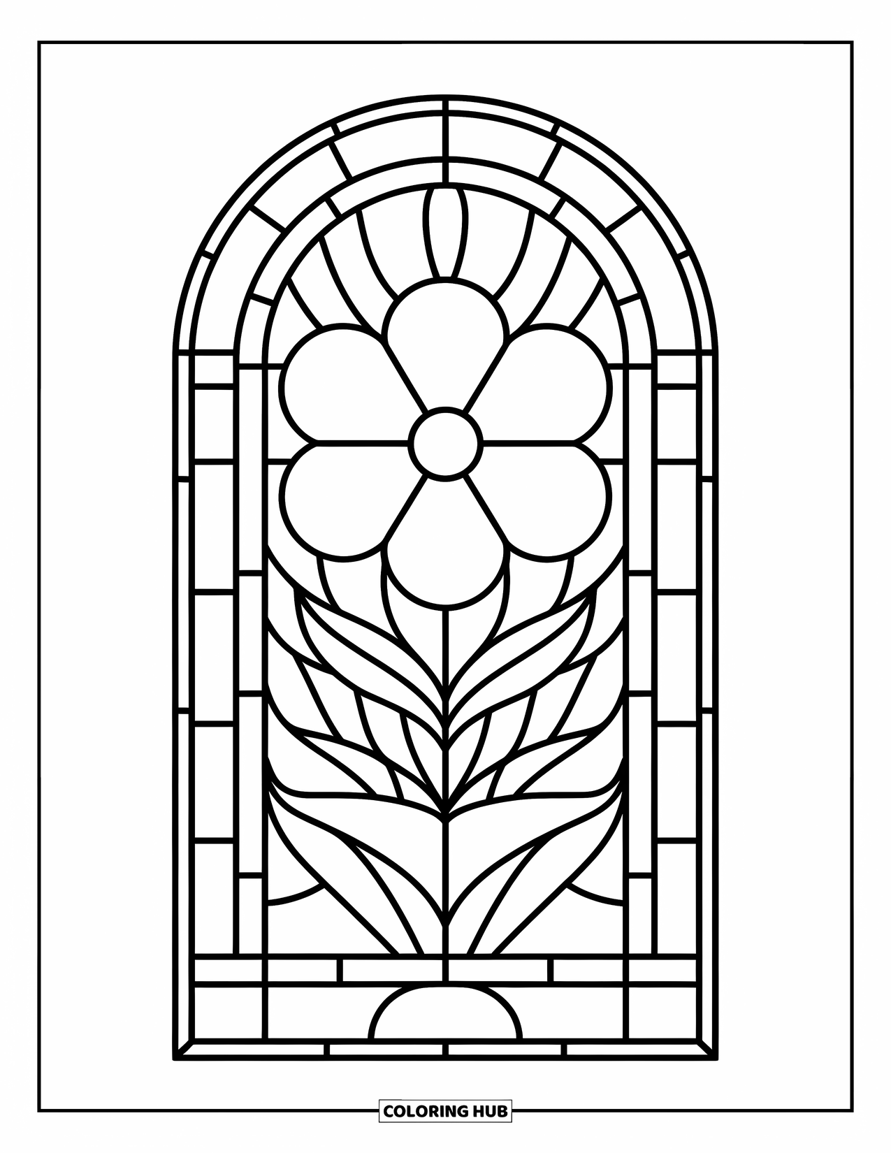 Desenho de Vitral para Colorir para Crianças: Flor intrincada de vitral em um design geométrico arqueado