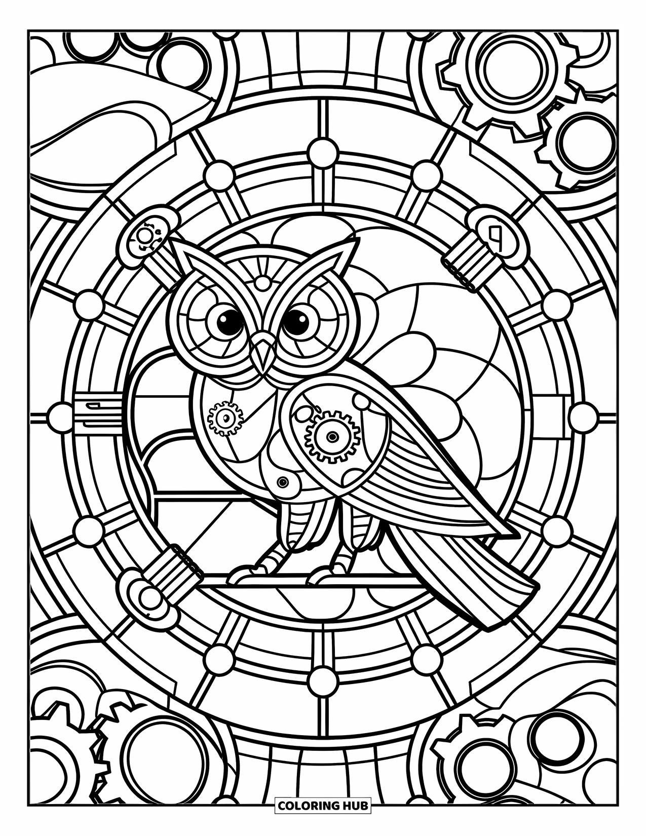 Desenho de Vitral para Colorir para Crianças: Engrenagens e coruja intrincadas de vitral com peça central “STEAMPUNK”