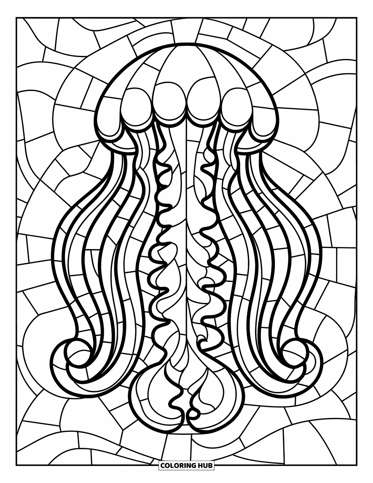 Desenho de Vitral para Colorir para Crianças: Água-viva com tentáculos giratórios em um design oceânico de vitral