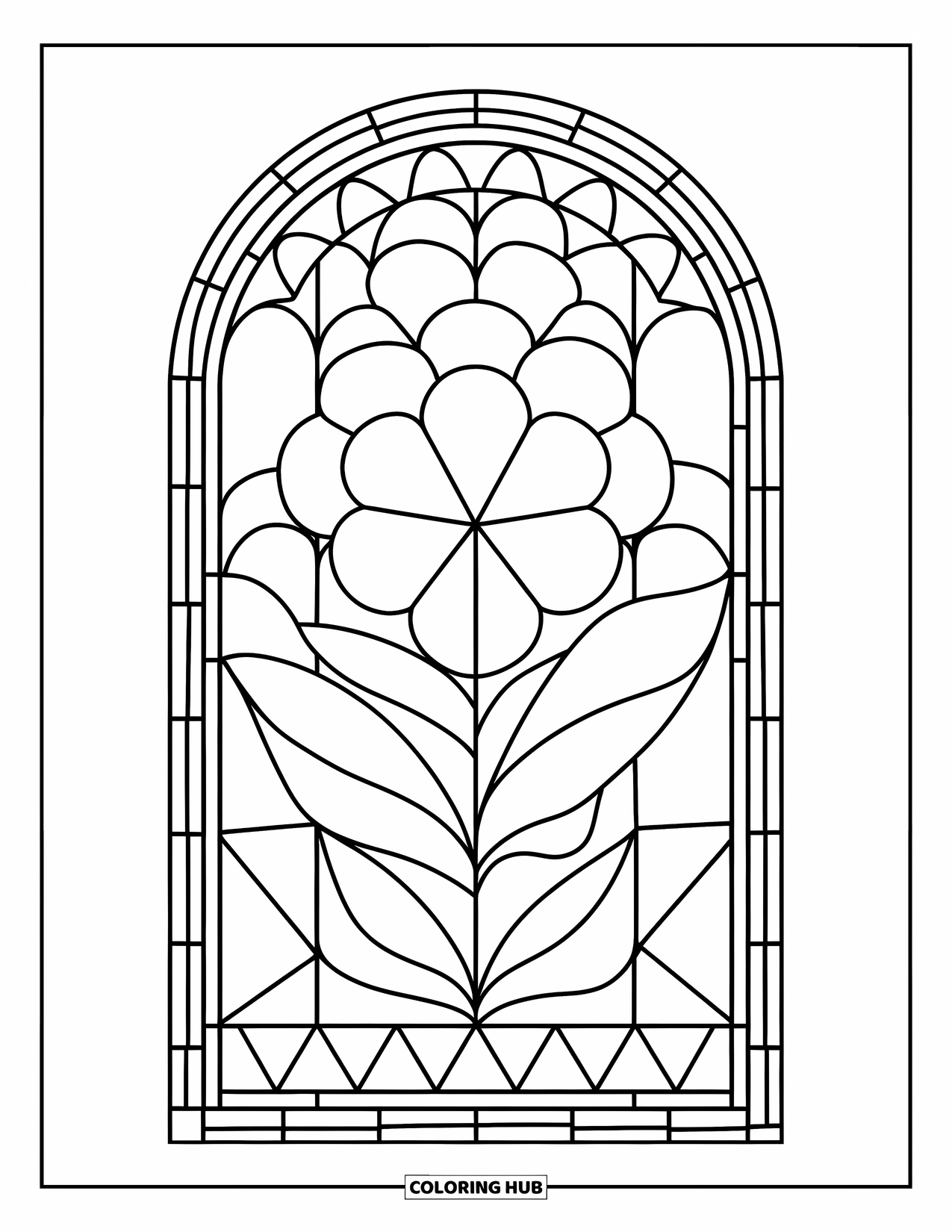 Desenho de Vitral para Colorir para Crianças: Flor de pétalas grandes em uma janela de arco de vitral