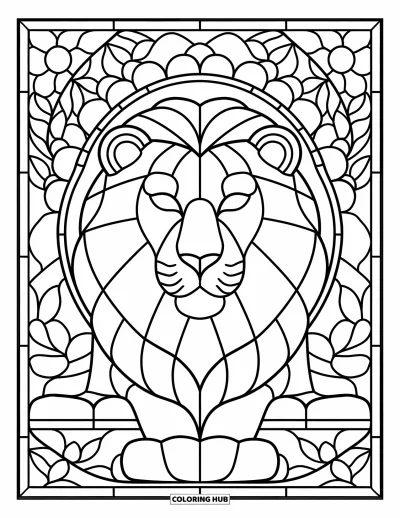 Stained Glass Coloring Page for Kids: Lion with a bold, panel-style mane in stained glass symmetry