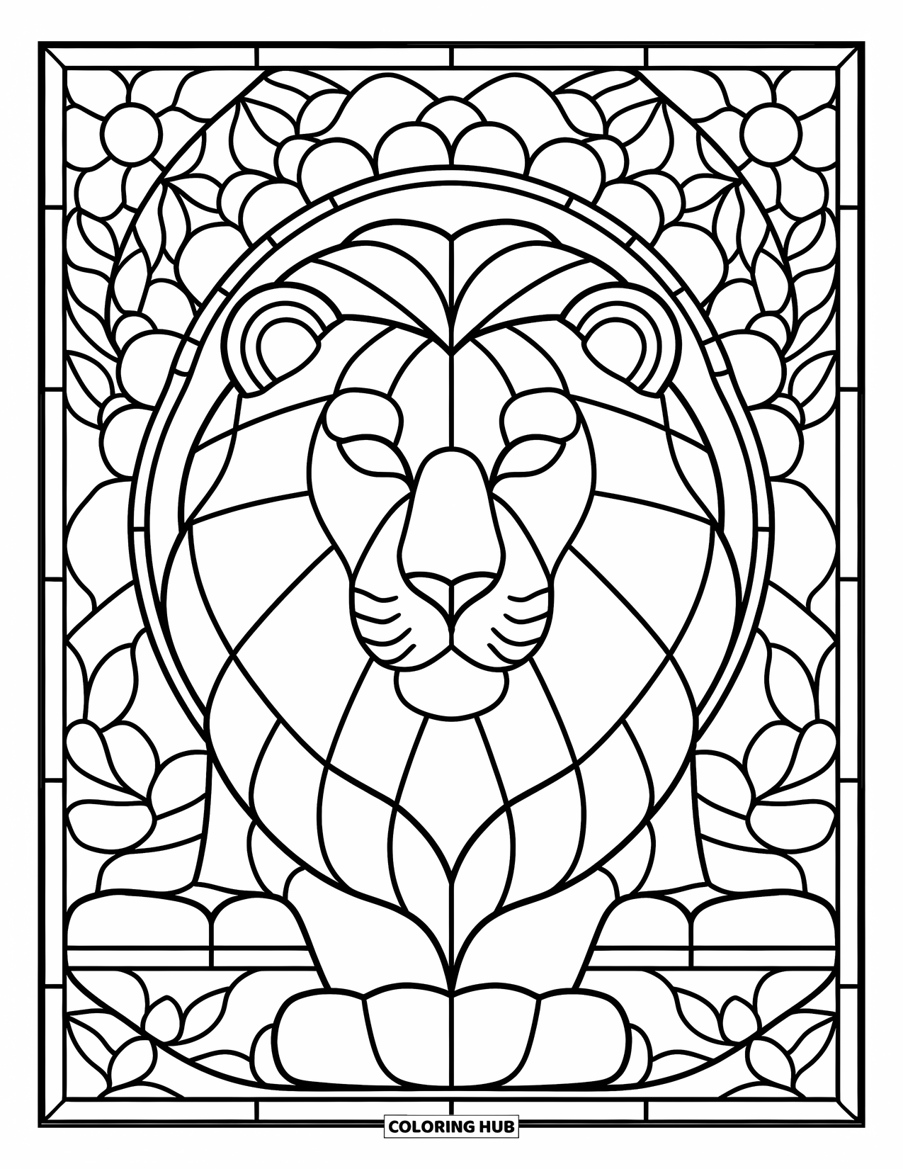 Desenho de Vitral para Colorir para Crianças: Leão com uma juba ousada em estilo de painel em simetria de vitral