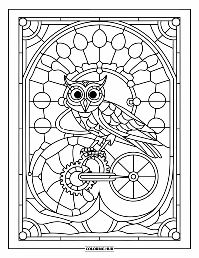 Stained Glass Coloring Page for Kids: Mechanical owl and gears in a bold steampunk stained glass design