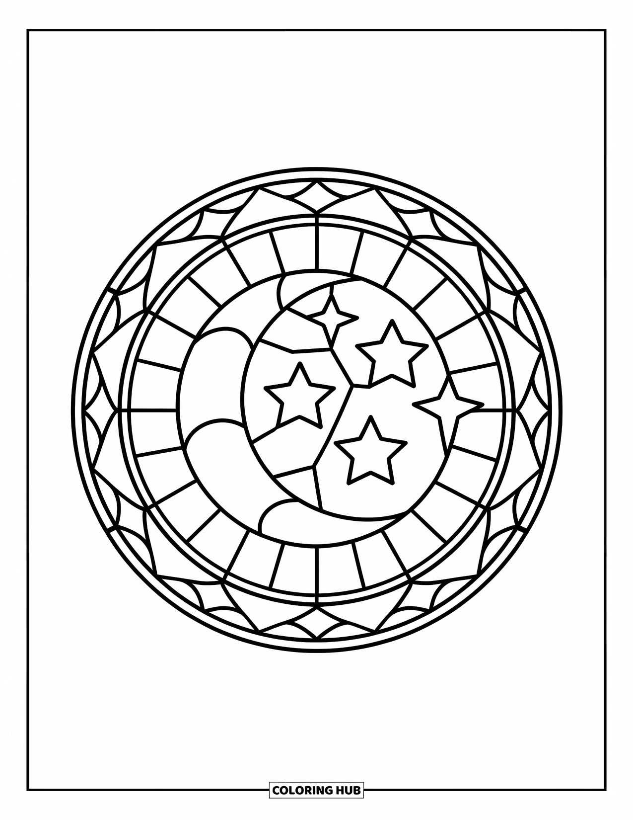 Desenho de Vitral para Colorir para Crianças: Lua e três estrelas em uma moldura redonda de vitral