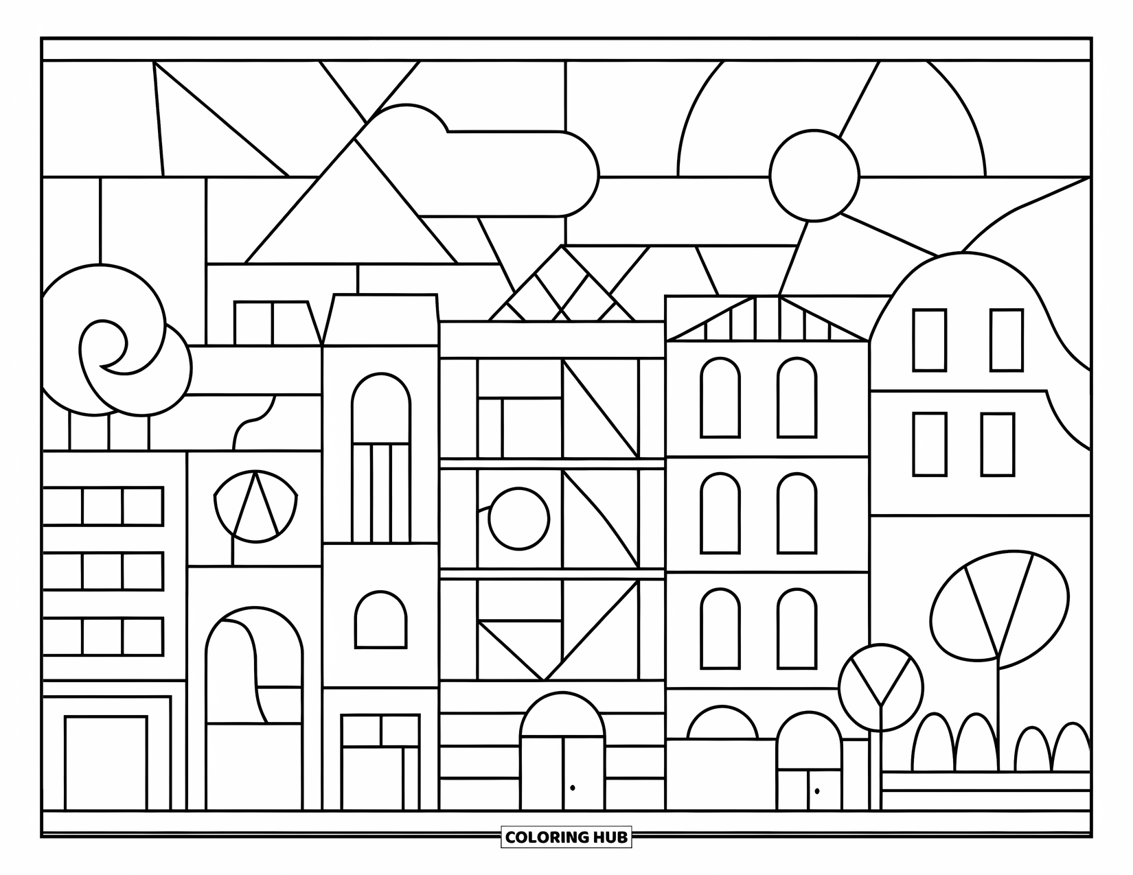 Desenho de Vitral para Colorir para Crianças: Paisagem urbana noturna com janelas brilhantes e formas geométricas de vitral