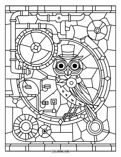 Stained Glass Coloring Page for Kids: Owl in top hat among stained glass gears and pipes