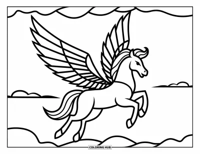 Stained Glass Coloring Page for Kids: Pegasus soars through a stained glass sky with bold, layered wings