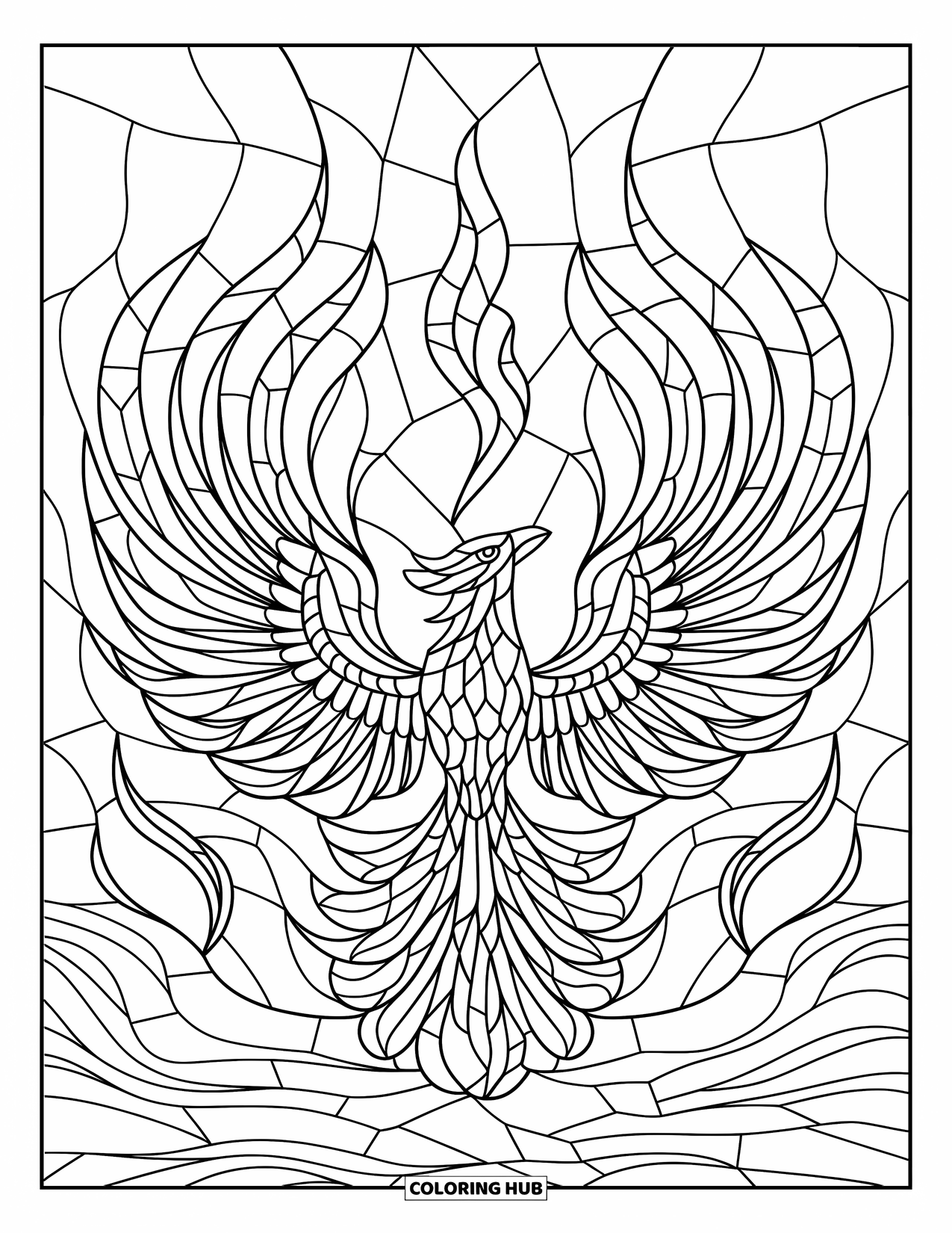 Desenho de Vitral para Colorir para Crianças: Fênix nascendo em chamas de vitral com asas abertas