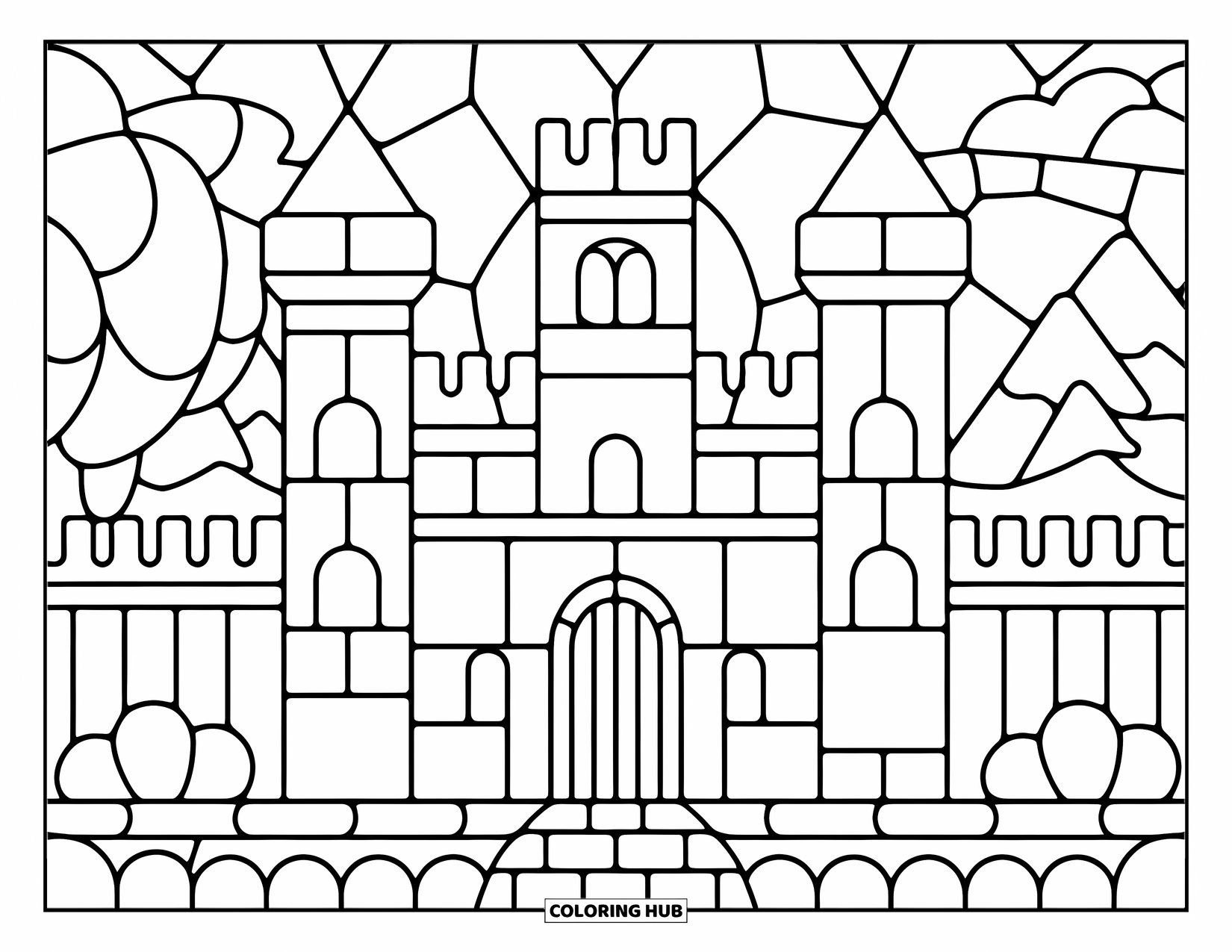 Desenho de Vitral para Colorir para Crianças: Castelo divertido de vitral com ponte levadiça e colinas panorâmicas