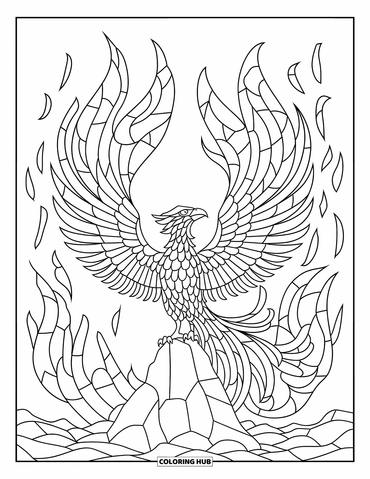 Desenho de Vitral para Colorir para Crianças: Fênix nascendo em uma rocha em chamas de vitral