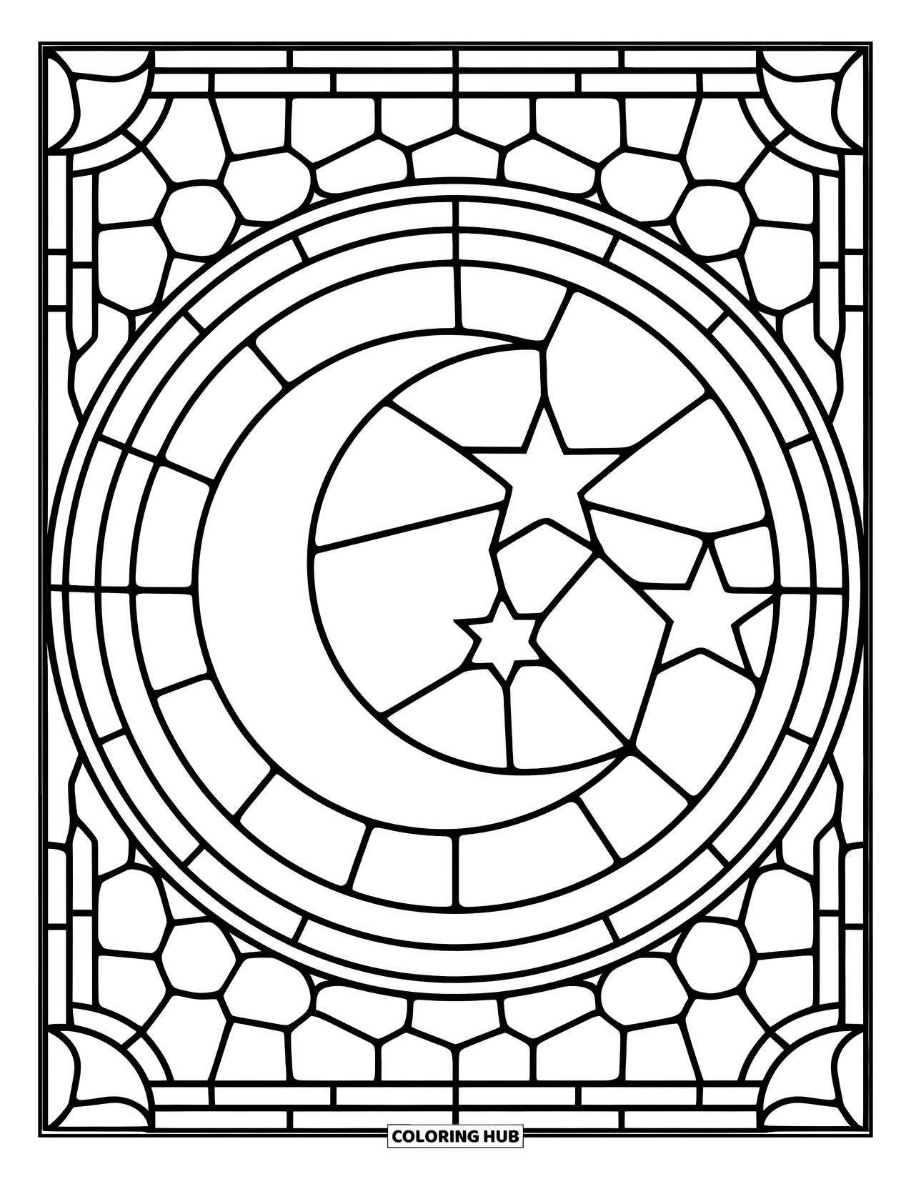 Desenho de Vitral para Colorir para Crianças: Moldura redonda de vitral com uma lua e estrelas cintilantes