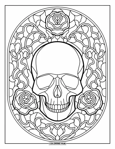 Stained Glass Coloring Page for Kids: Round stained glass skull with roses and winding vines