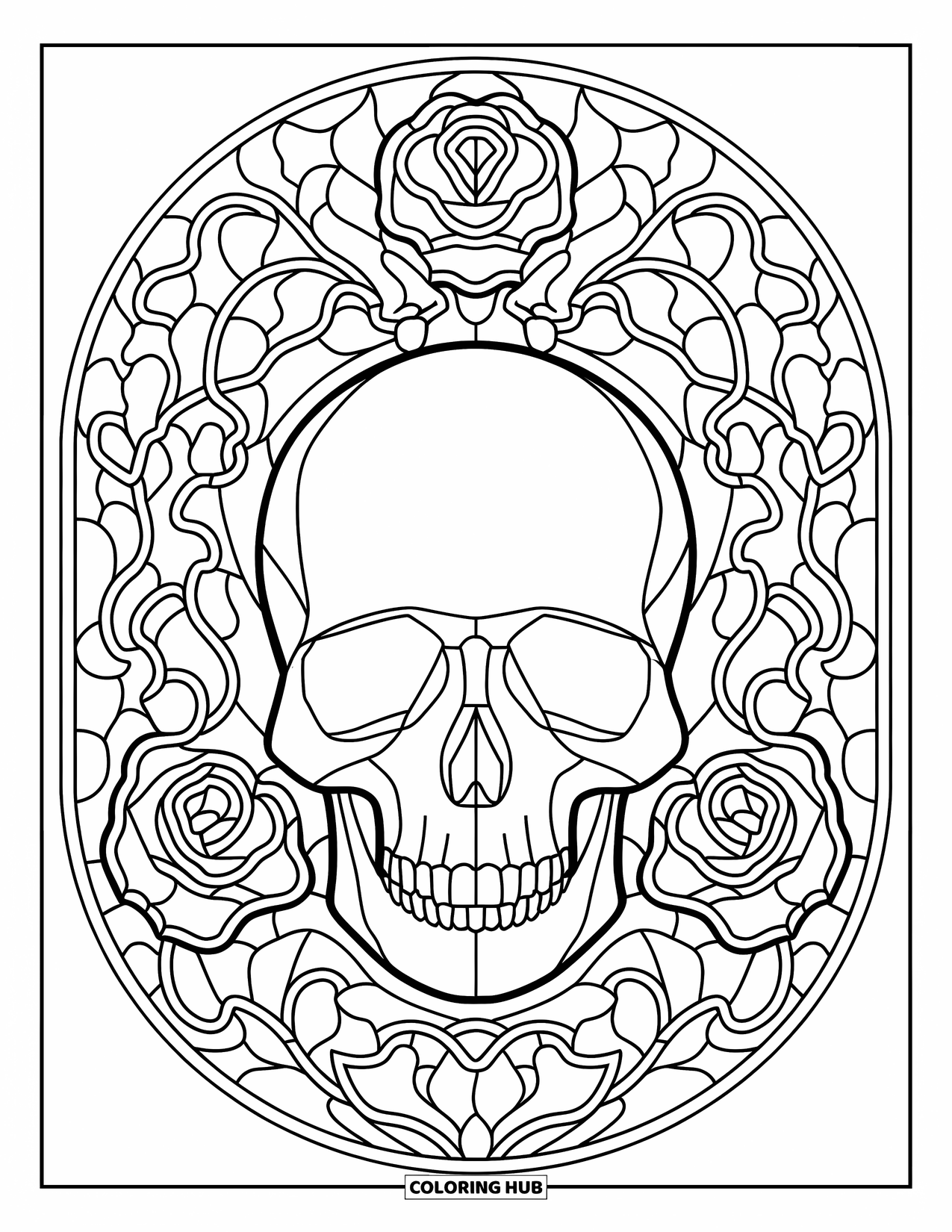 Desenho de Vitral para Colorir para Crianças: Crânio redondo de vitral com rosas e vinhas sinuosas
