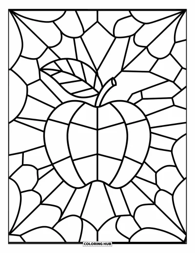 Stained Glass Coloring Page for Kids: Segmented stained glass apple with big leaves and bold shapes