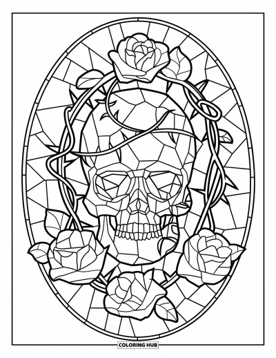 Stained Glass Coloring Page for Kids: Serene stained glass skull in a round border of vines and roses