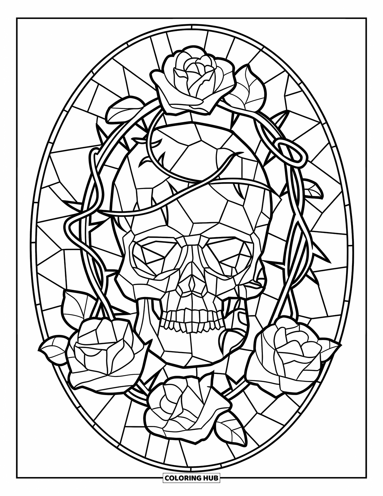 Desenho de Vitral para Colorir para Crianças: Crânio sereno de vitral em uma borda redonda de vinhas e rosas