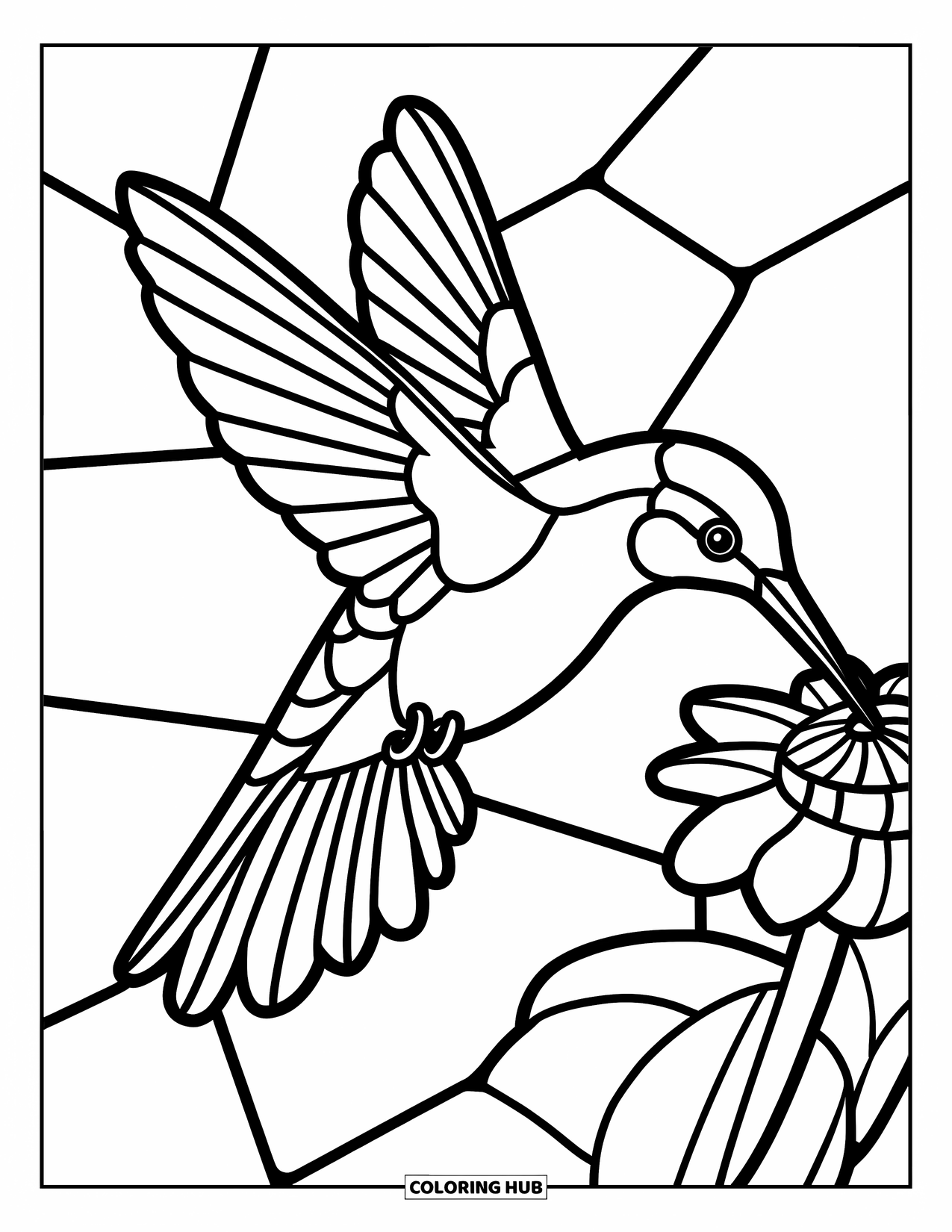 Desenho de Vitral para Colorir para Crianças: Beija-flor simples de vitral com pétalas e asas estampadas