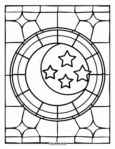 Stained Glass Coloring Page for Kids: Simple stained glass moon and stars in a cheerful circle
