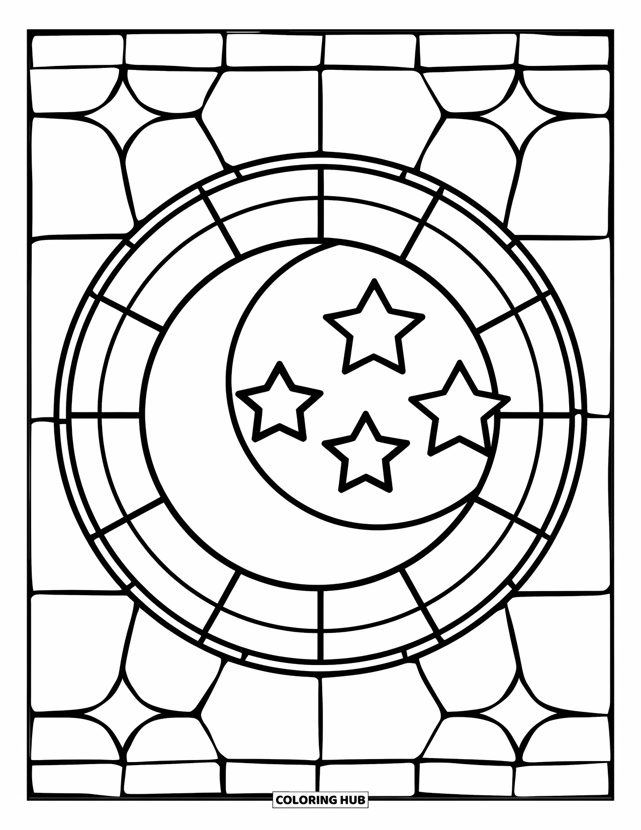 Desenho de Vitral para Colorir para Crianças: Lua e estrelas simples de vitral em um círculo alegre