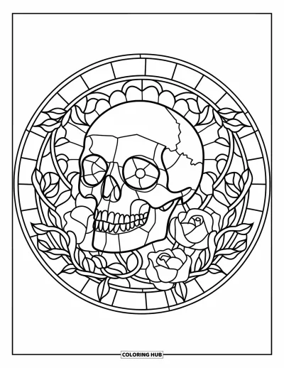 Stained Glass Coloring Page for Kids: Skull framed in vines and roses within a stained glass circle