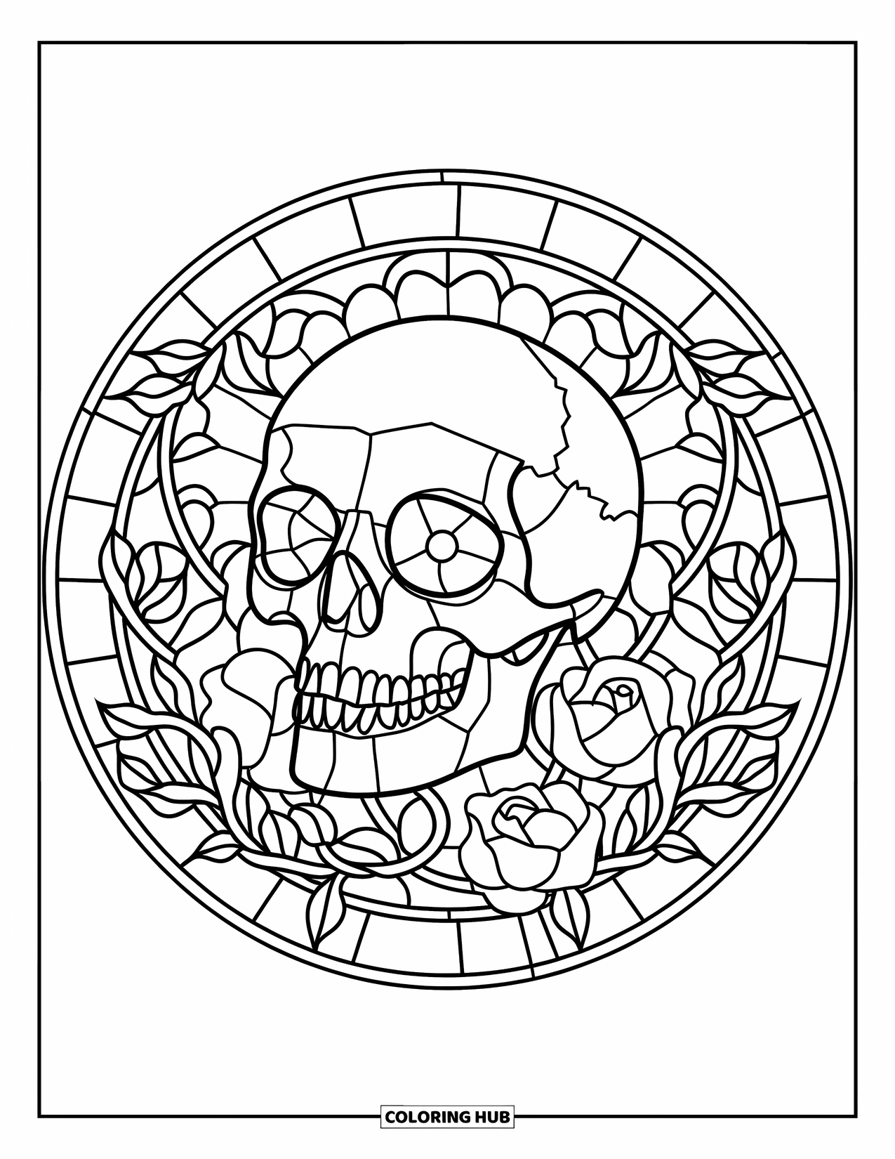 Desenho de Vitral para Colorir para Crianças: Crânio emoldurado em vinhas e rosas dentro de um círculo de vitral