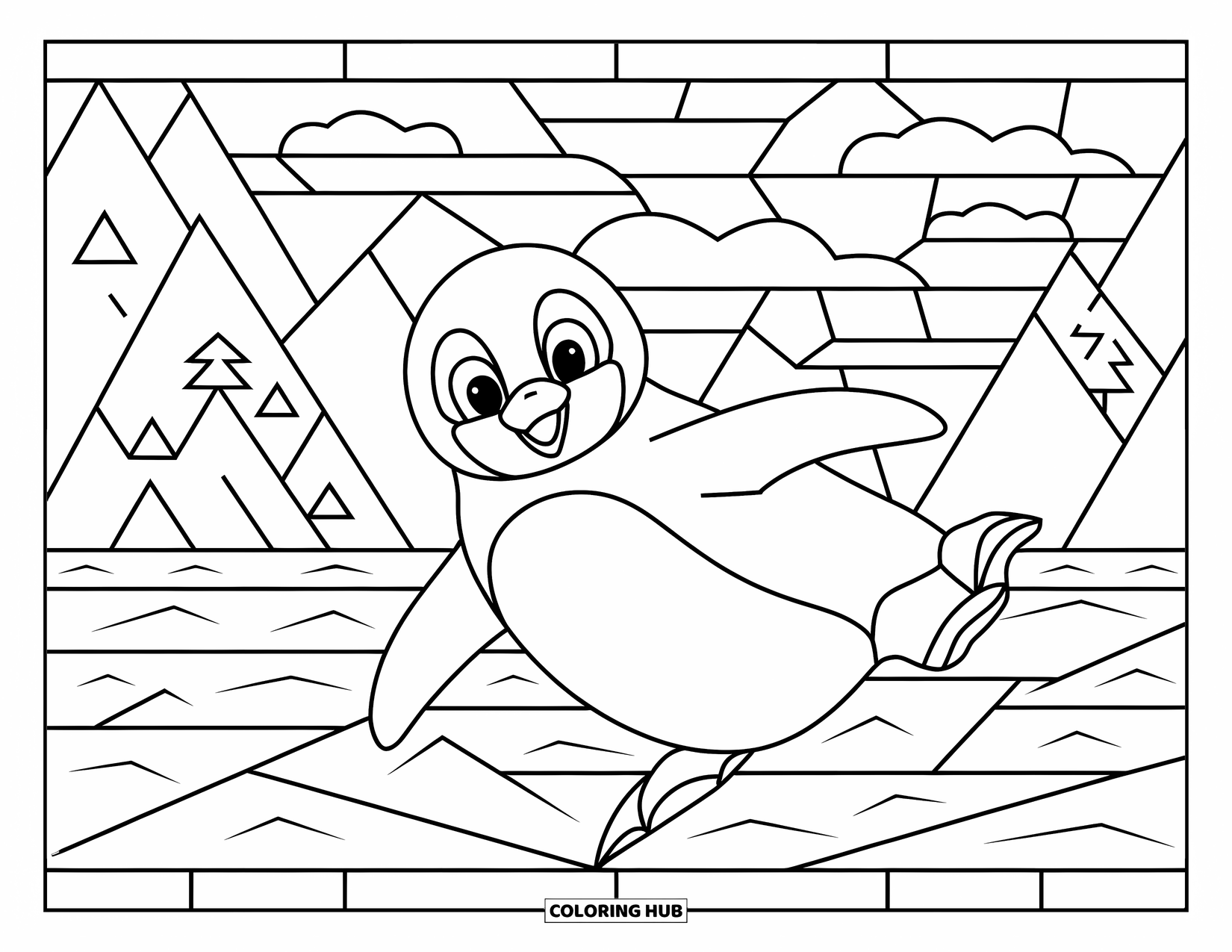 Desenho de Vitral para Colorir para Crianças: Pinguim sorridente de vitral desliza por uma cena gelada com painéis de céu
