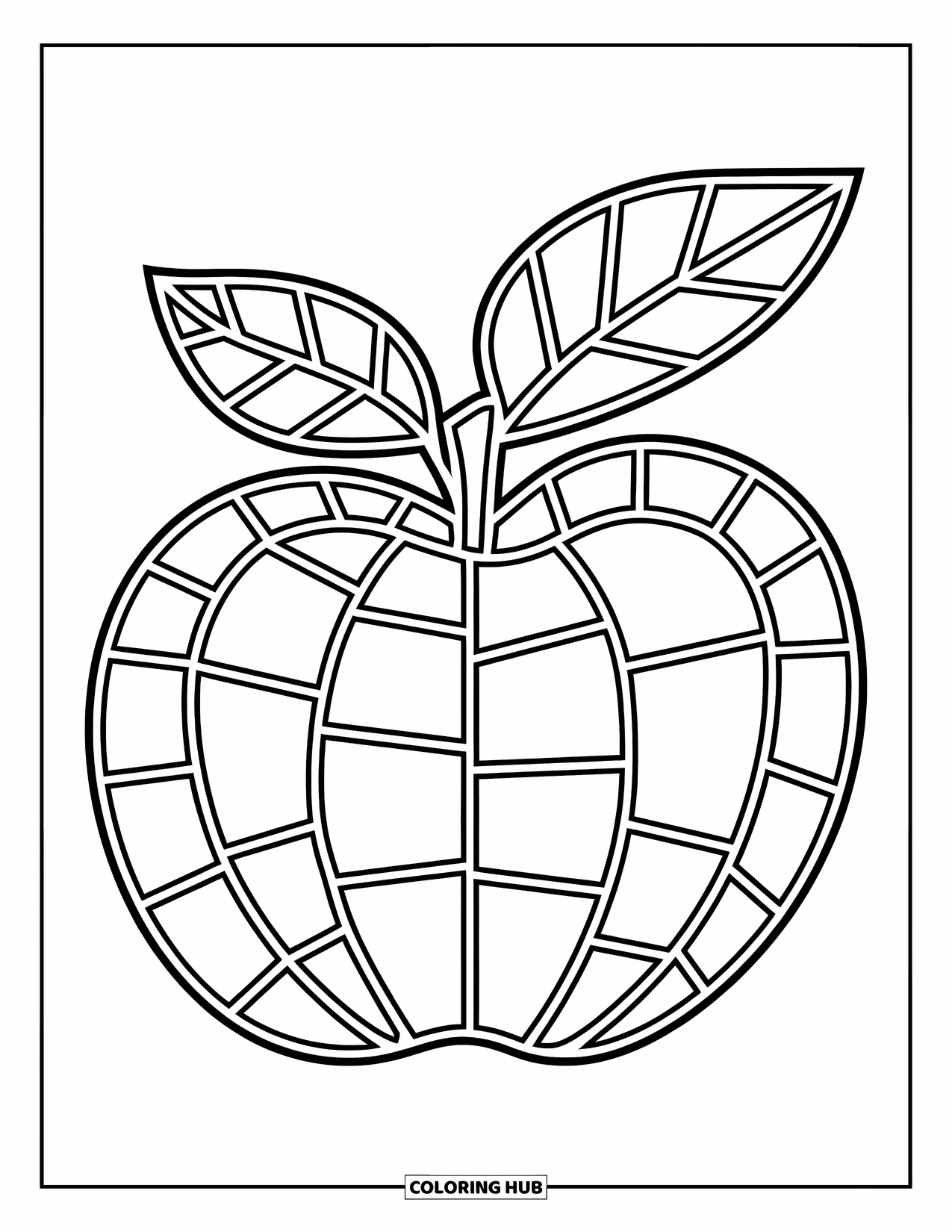 Desenho de Vitral para Colorir para Crianças: Maçã de vitral com galhos frondosos e seções fáceis de colorir