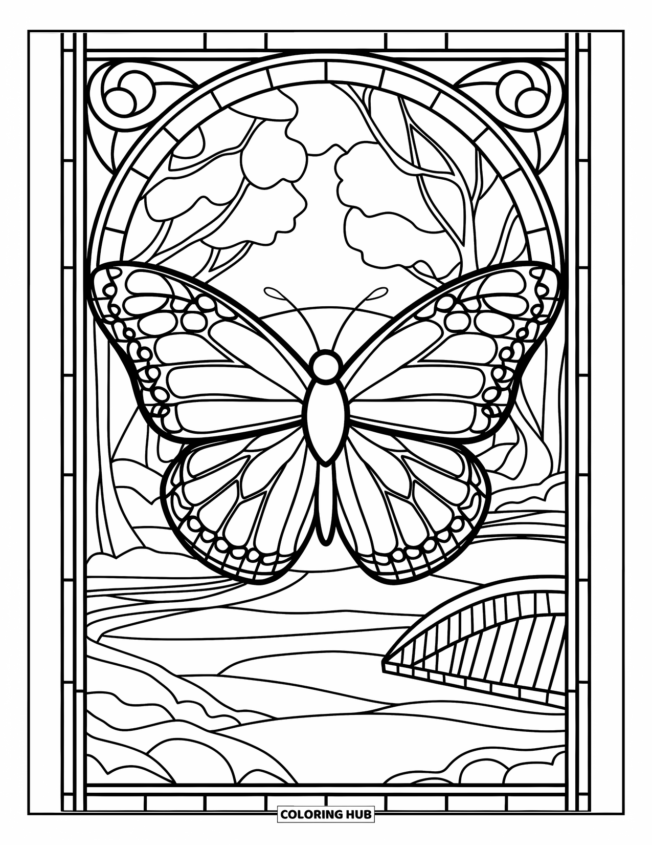 Desenho de Vitral para Colorir para Crianças: Borboleta de vitral com árvores e uma pequena ponte atrás