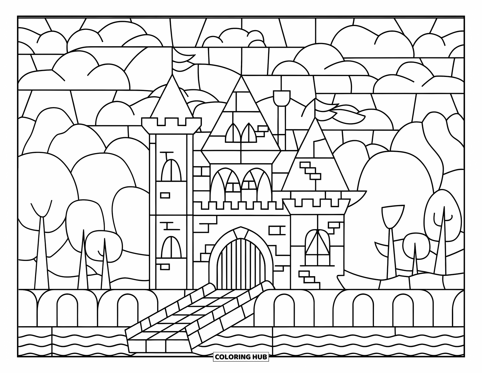 Desenho de Vitral para Colorir para Crianças: Castelo de vitral com nuvens, árvores e uma ponte levadiça