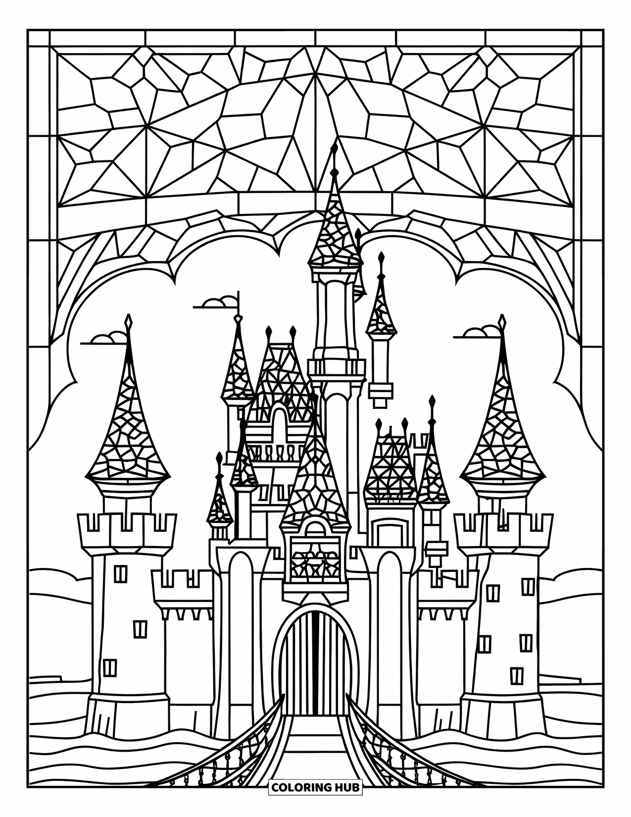 Desenho de Vitral para Colorir para Crianças: Castelo de vitral com céu geométrico e torres altas