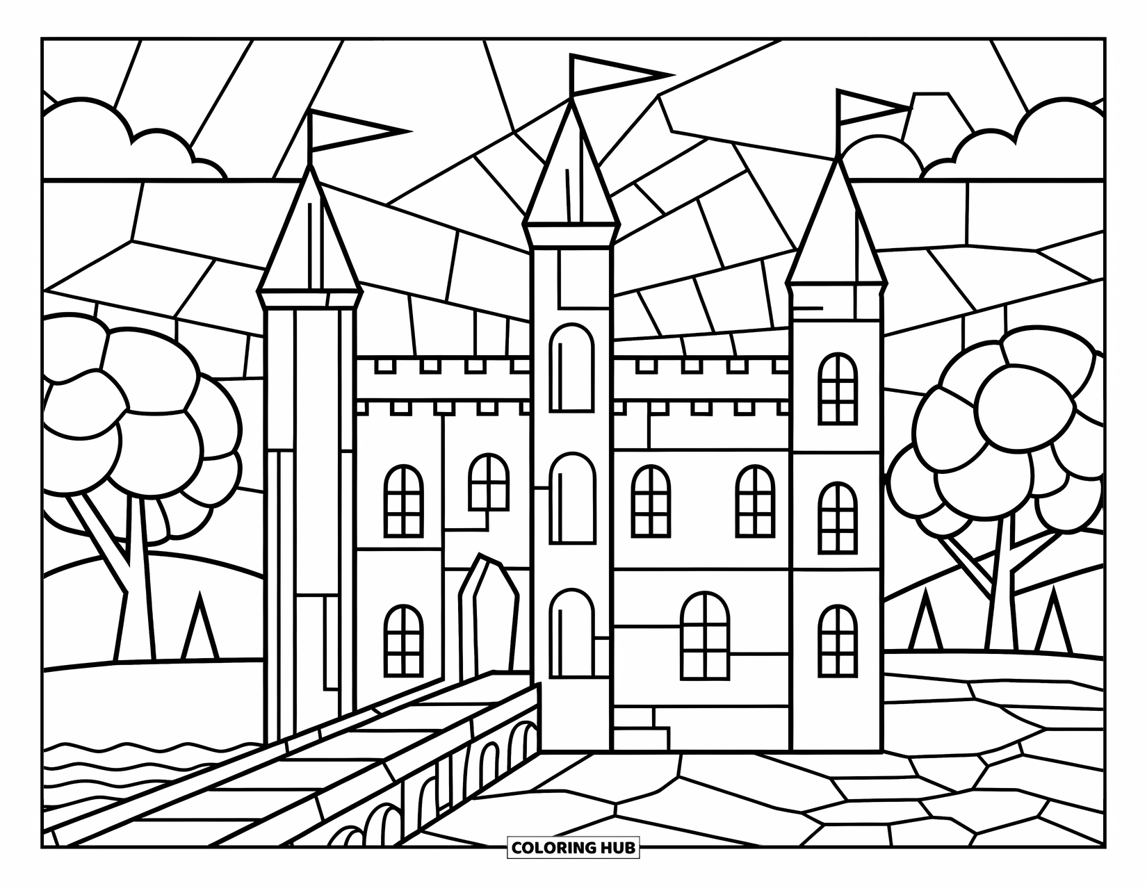 Desenho de Vitral para Colorir para Crianças: Castelo de vitral com torres, janelas e fosso abaixo