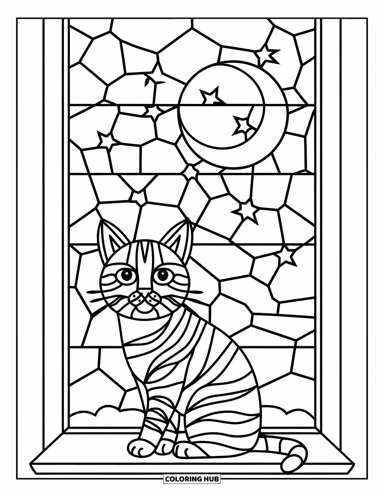 Desenho de Vitral para Colorir para Crianças: Gato de vitral em um parapeito de janela sob uma lua estrelada