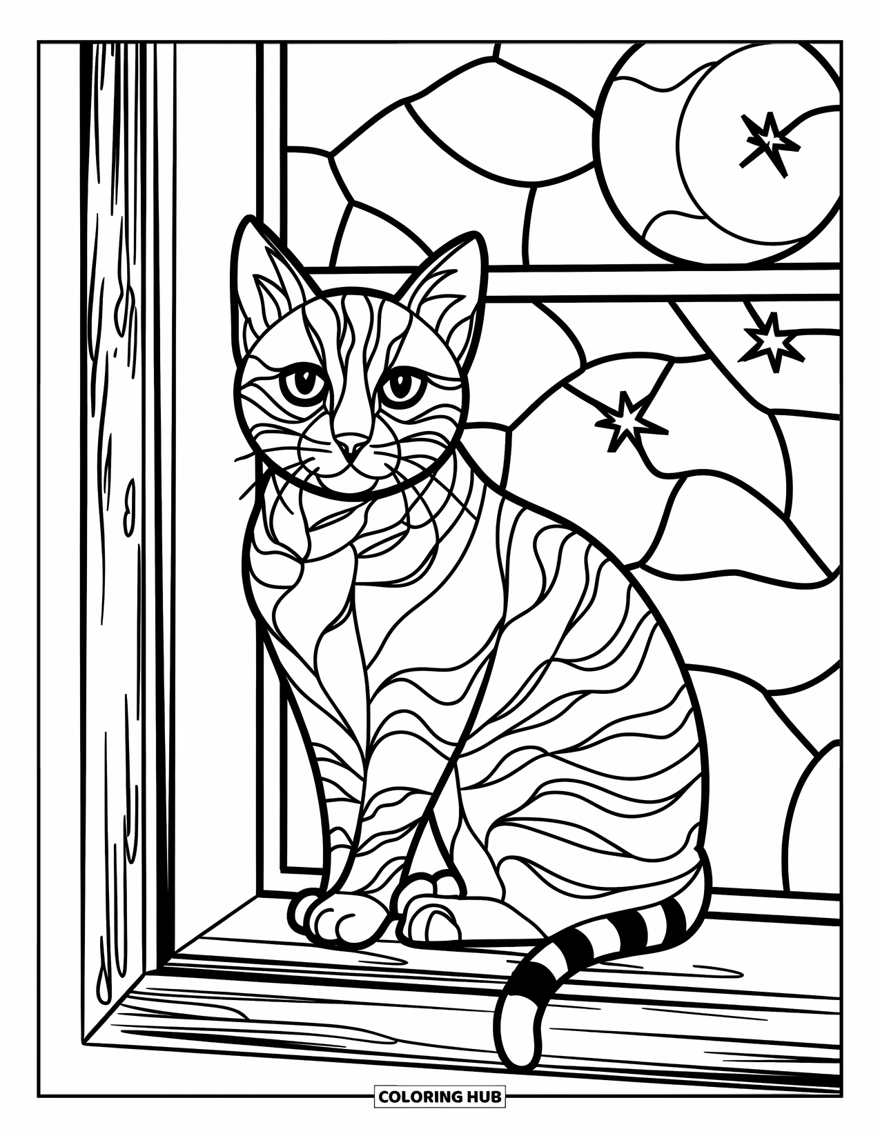 Desenho de Vitral para Colorir para Crianças: Gato de vitral empoleirado em um peitoril de madeira com um céu noturno