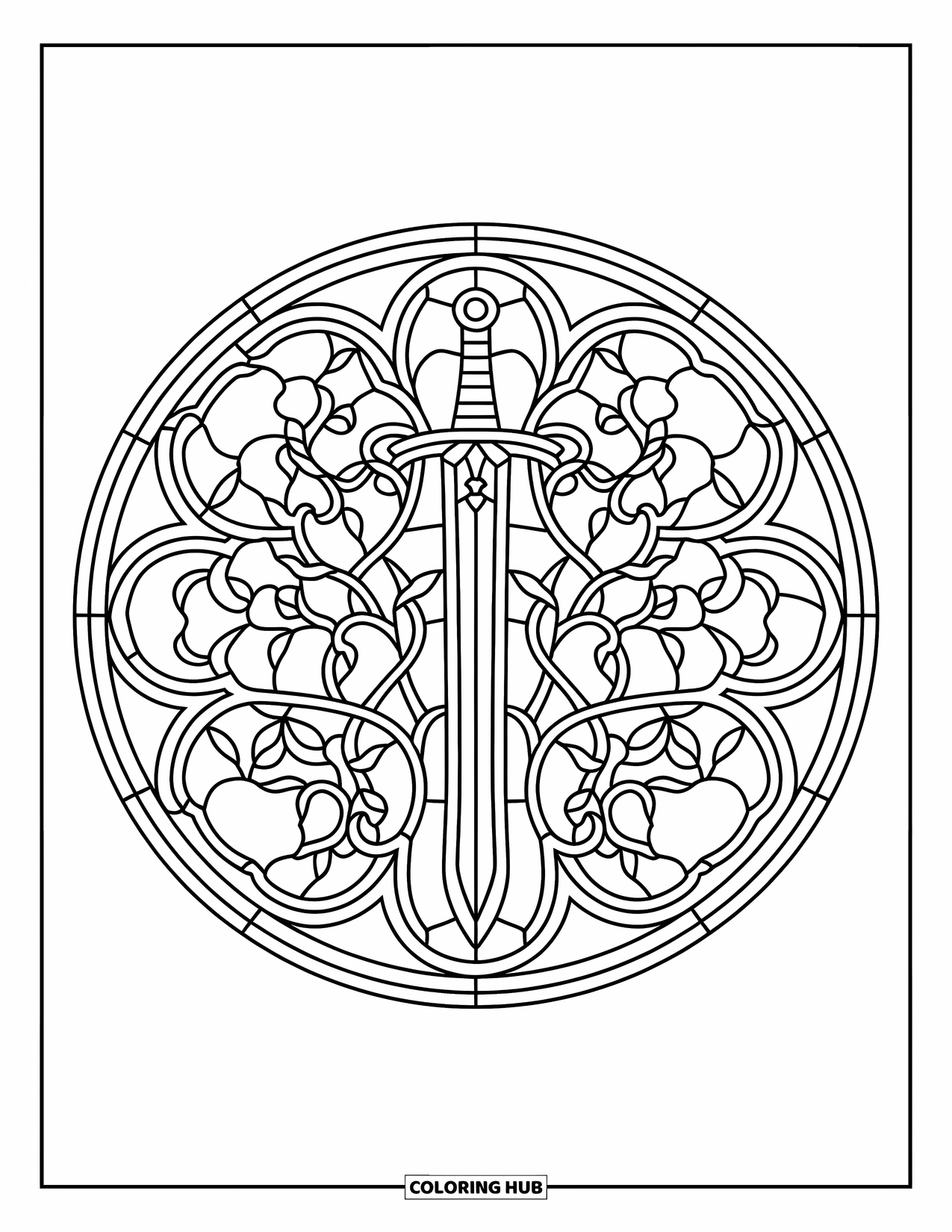 Desenho de Vitral para Colorir para Crianças: Rosácea circular de vitral com espada envolta em vinhas