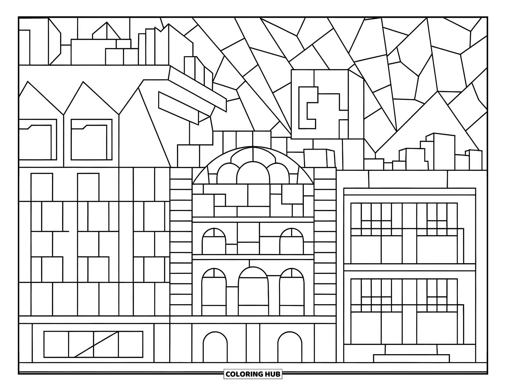 Desenho de Vitral para Colorir para Crianças: Skyline da cidade de vitral brilhando com janelas sob um céu estrelado
