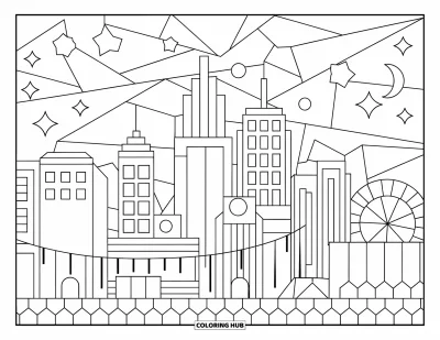 Stained Glass Coloring Page for Kids: Stained glass city with buildings, Ferris wheel, and crescent moon