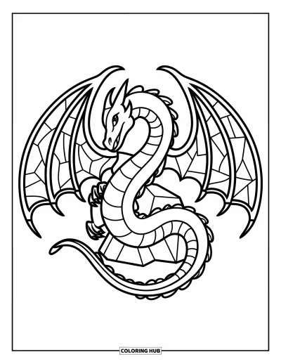 Stained Glass Coloring Page for Kids: Stained glass dragon with detailed wings wrapped around a rock