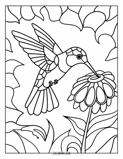 Stained Glass Coloring Page for Kids: Stained glass hummingbird drinking from a flower in a forest