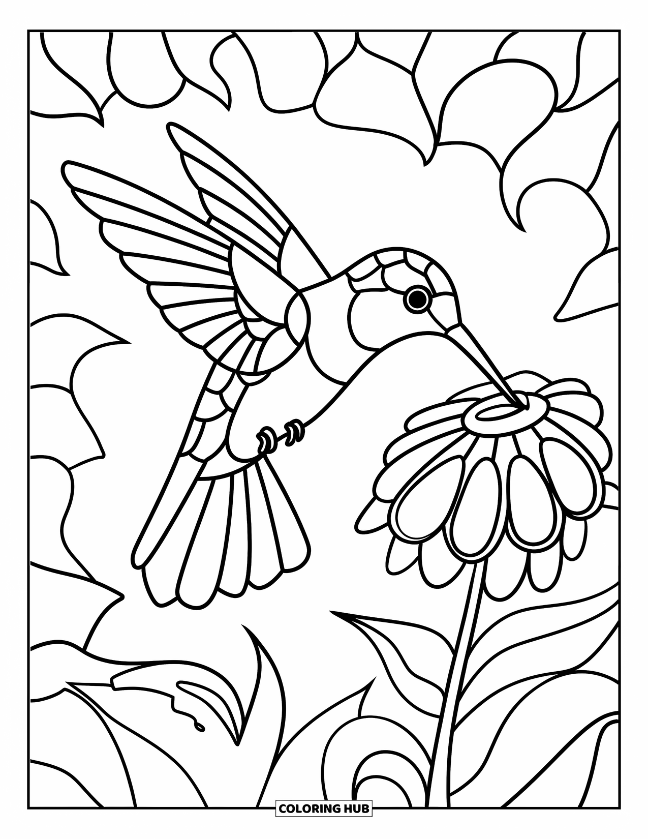 Desenho de Vitral para Colorir para Crianças: Beija-flor de vitral bebendo de uma flor em uma floresta