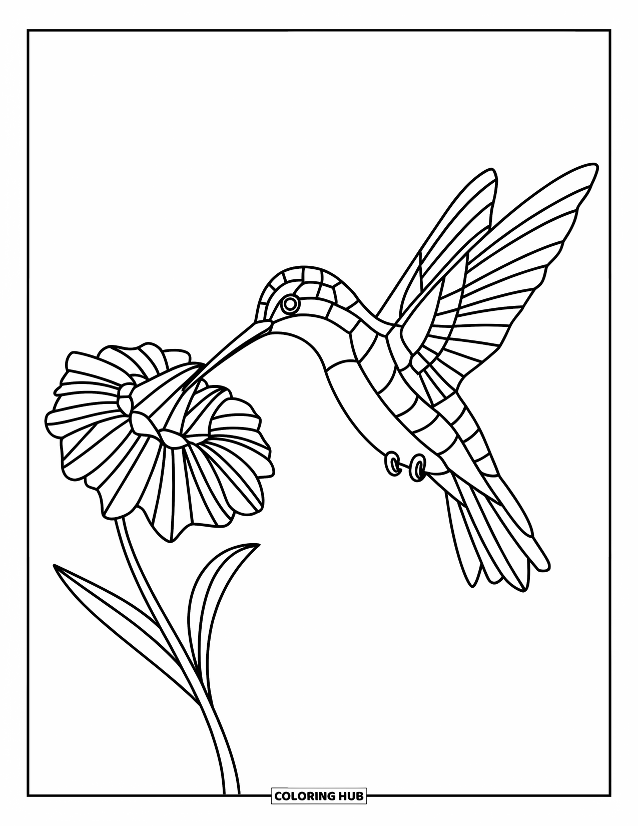 Desenho de Vitral para Colorir para Crianças: Beija-flor de vitral se alimentando de uma flor segmentada