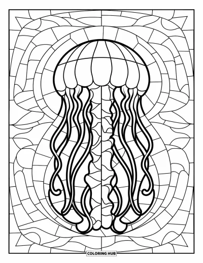 Stained Glass Coloring Page for Kids: Stained glass jellyfish with long tentacles and bold, swirly lines