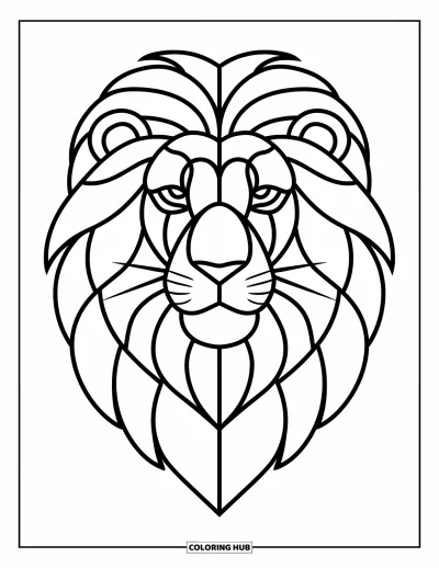 Stained Glass Coloring Page for Kids: Stained glass lion face with intricate mane and gentle eyes