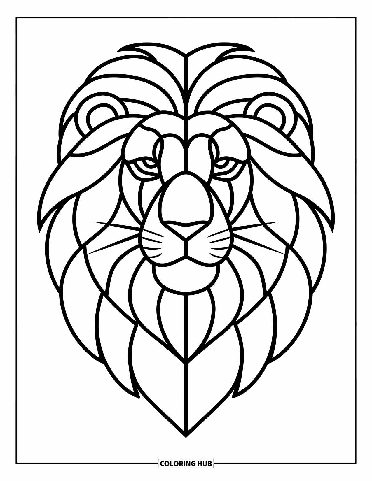 Desenho de Vitral para Colorir para Crianças: Rosto de leão de vitral com juba intrincada e olhos gentis