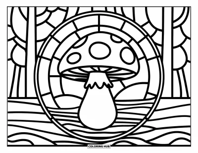 Stained Glass Coloring Page for Kids: Stained glass mushroom on a log with trees in the background
