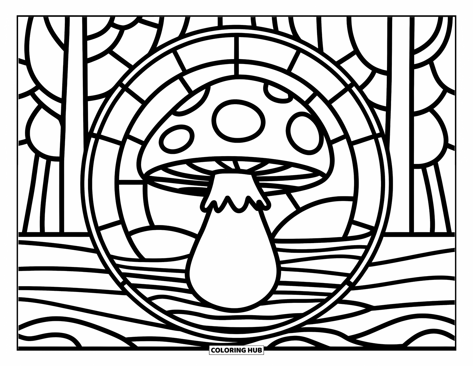 Desenho de Vitral para Colorir para Crianças: Cogumelo de vitral em um tronco com árvores ao fundo
