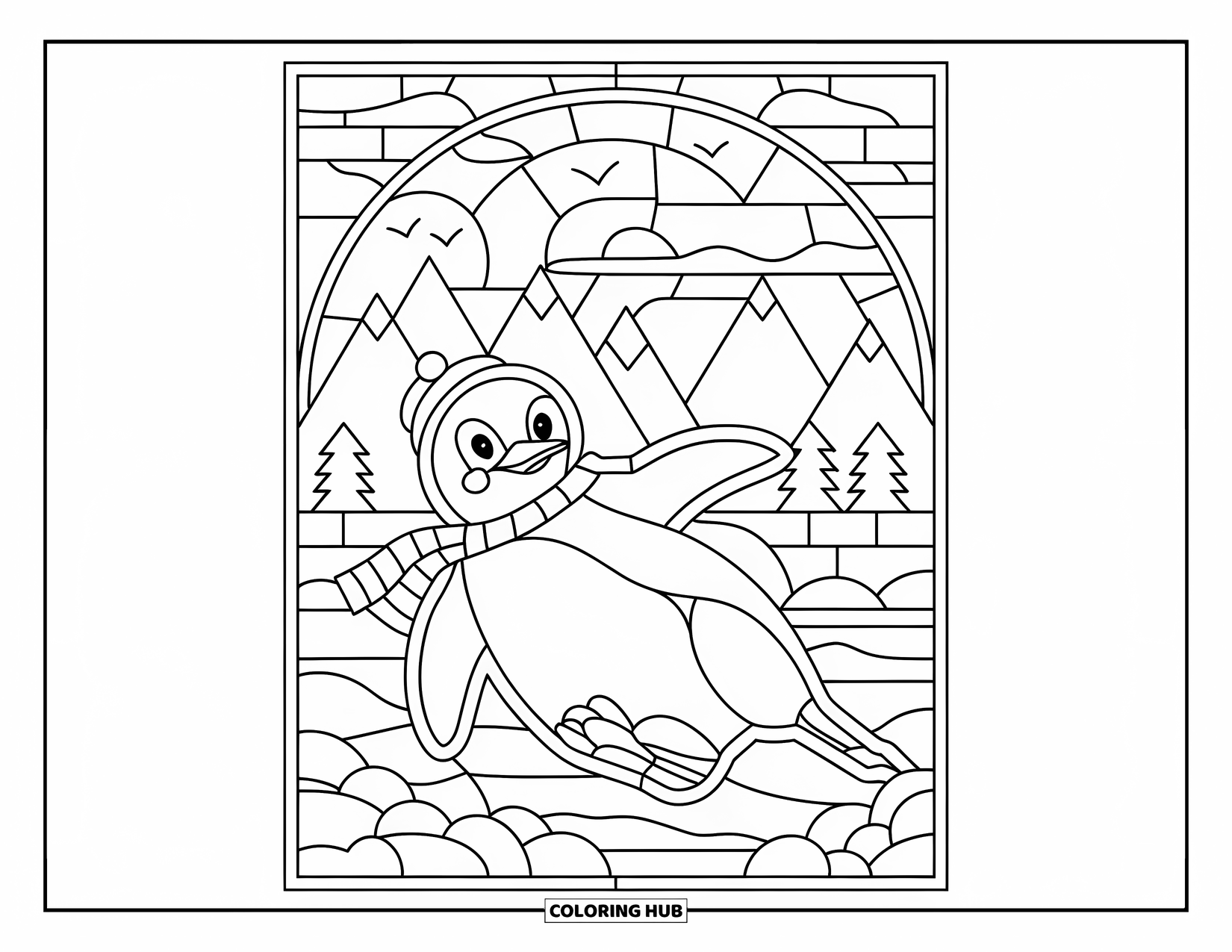 Desenho de Vitral para Colorir para Crianças: Pinguim de vitral com cachecol desliza por árvores e pássaros