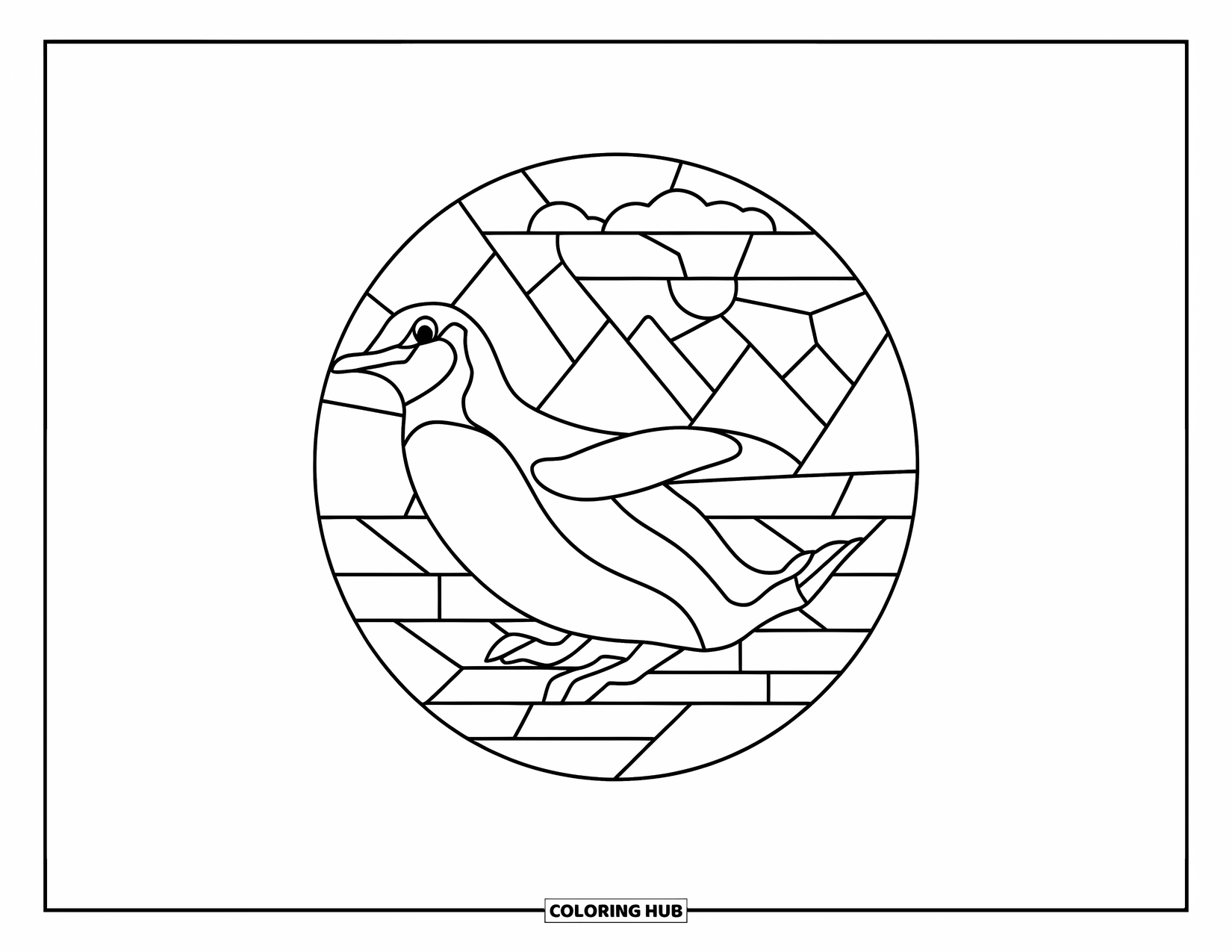 Desenho de Vitral para Colorir para Crianças: Pinguim de vitral deslizando no gelo com vista para a montanha