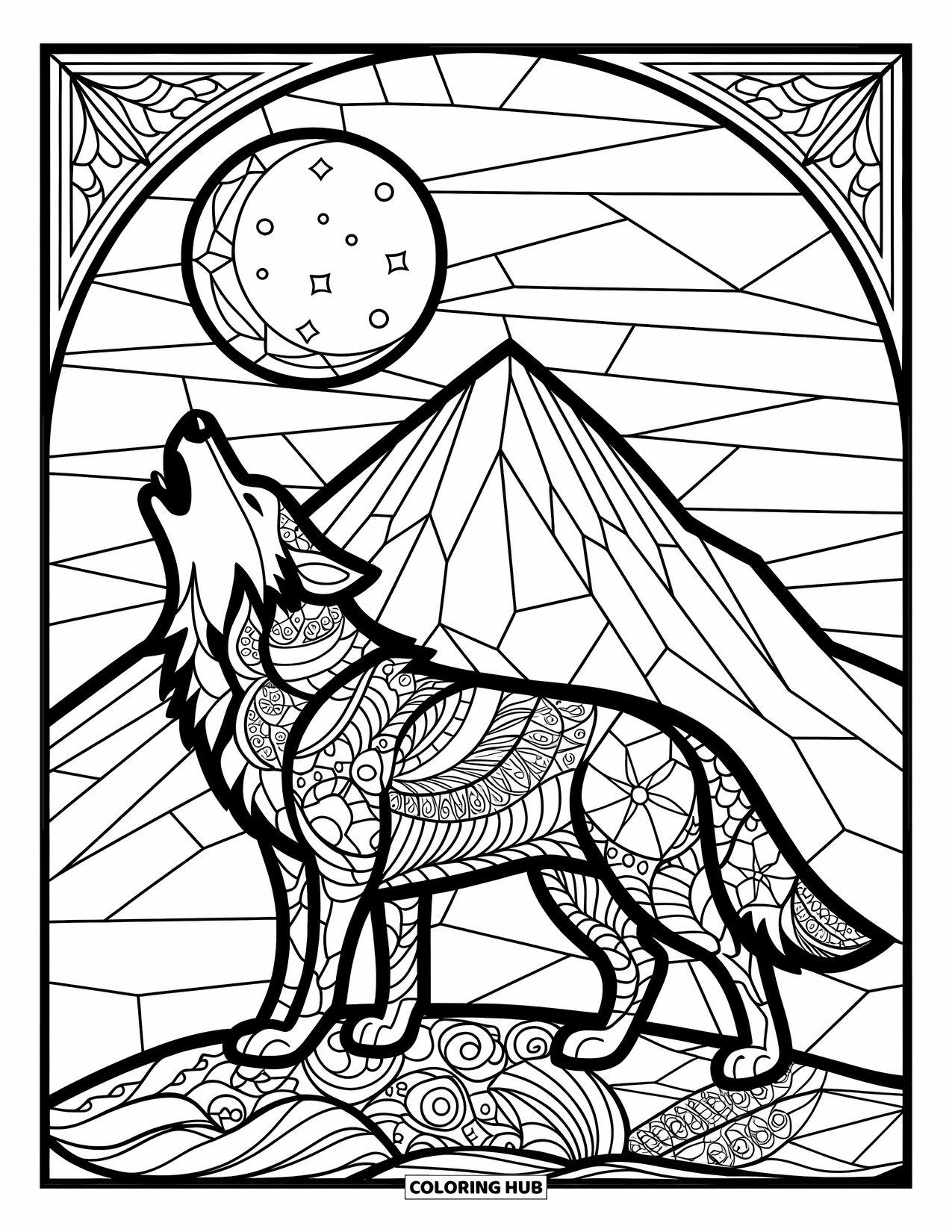 Desenho de Vitral para Colorir para Crianças: Lobo de vitral com padrões uivando para uma lua brilhante